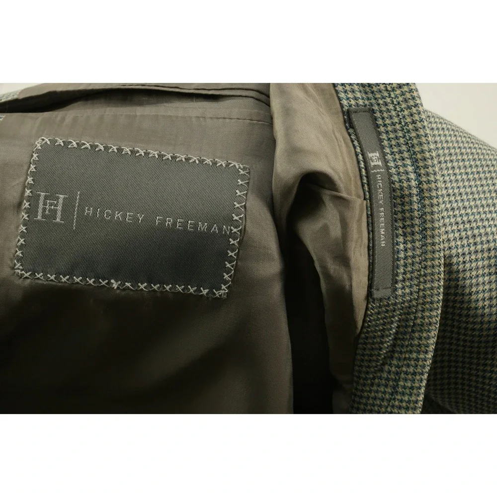 Hickey Freeman Silk Wool Jersey Houndstooth Madison Blazer Mens 46L Blue Cream‎